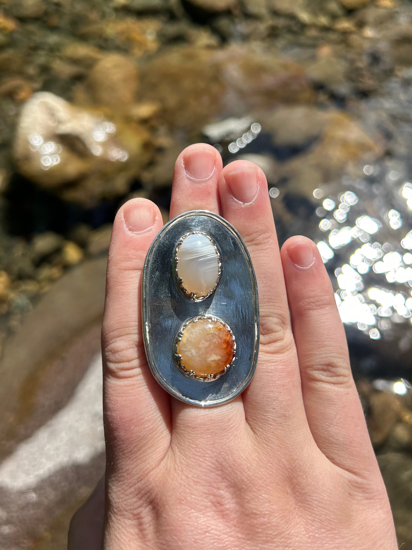 Banded White Agate + Carnelian Statement Ring