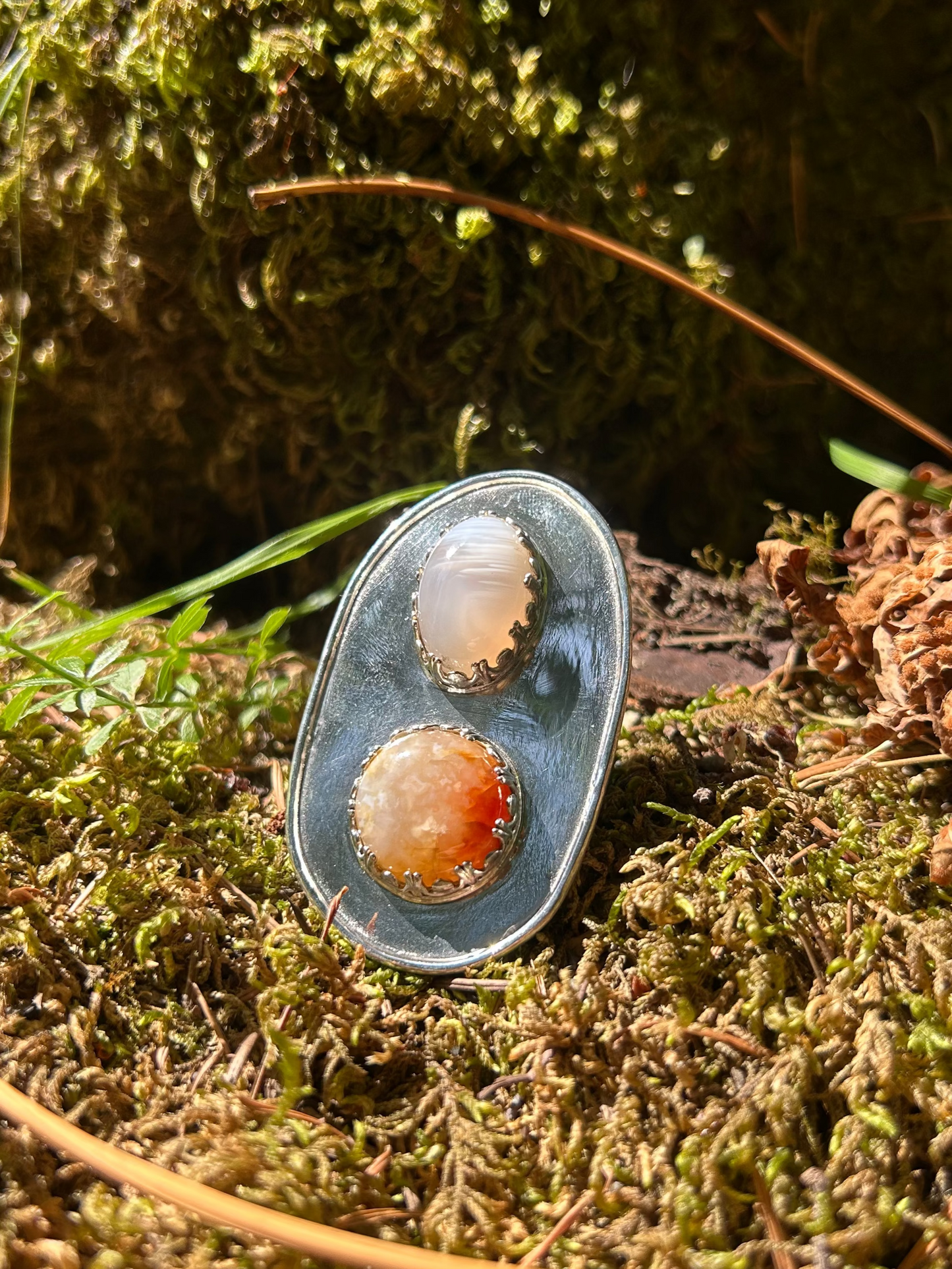 Banded White Agate + Carnelian Statement Ring