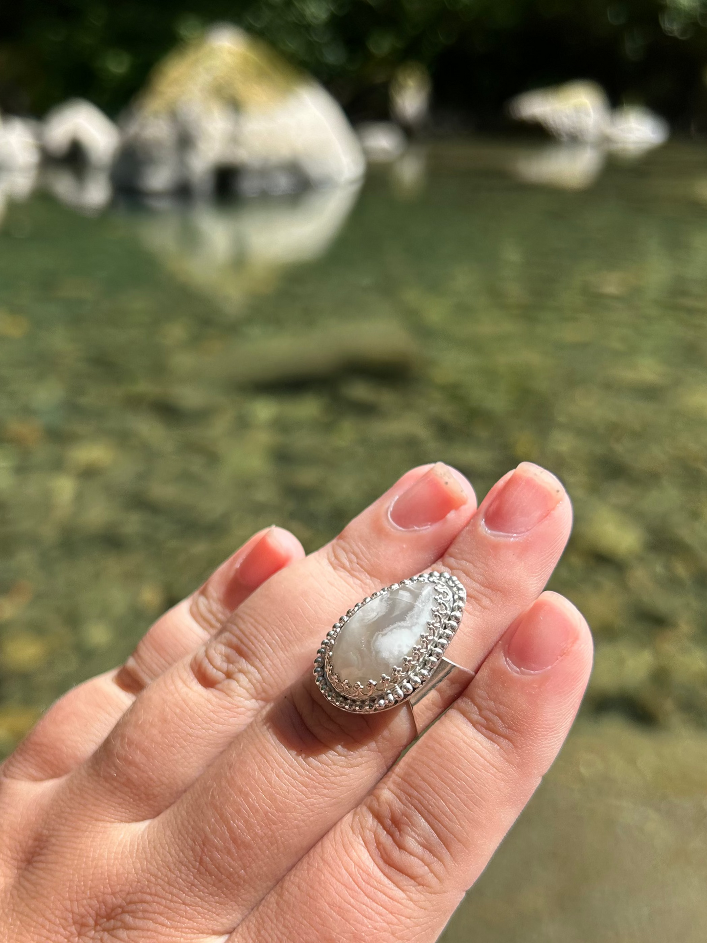 Gray & White Agate Wide-Band Ring