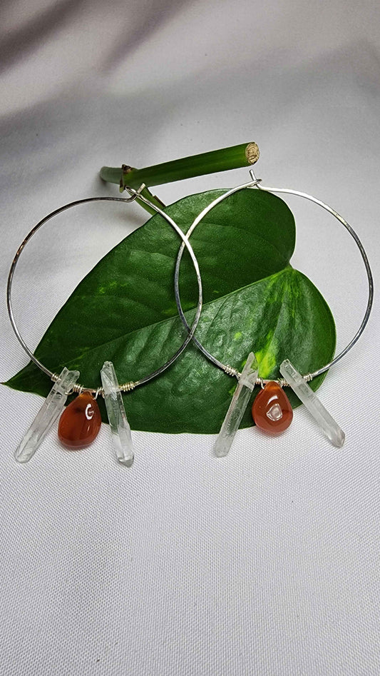 Carnelian + Quartz Sterling Silver Hoops