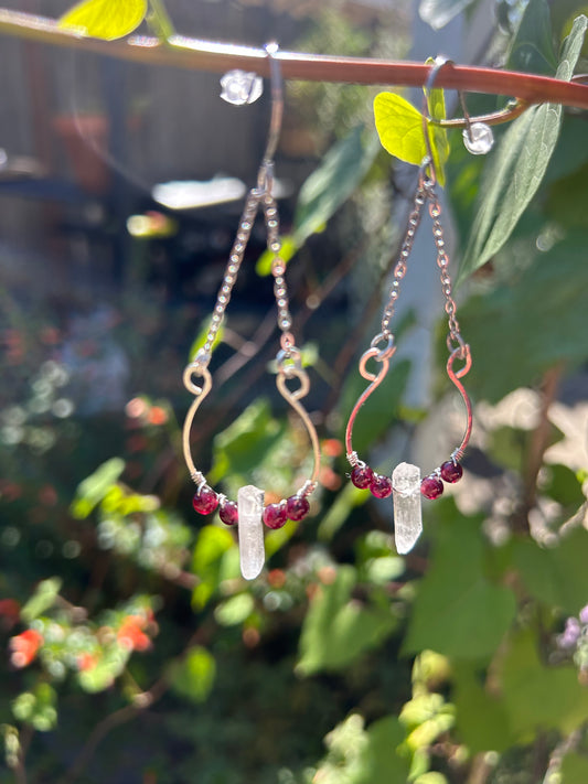 Quartz Point & Garnet Horseshoe Earrings