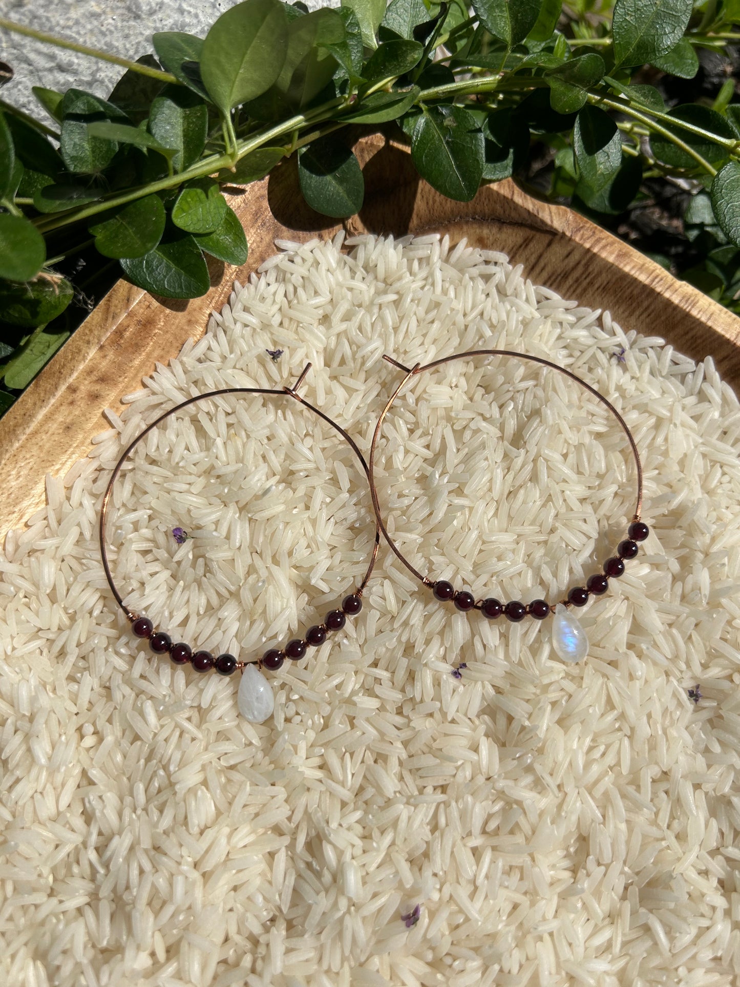 Moonstone & Garnet Copper Hoops