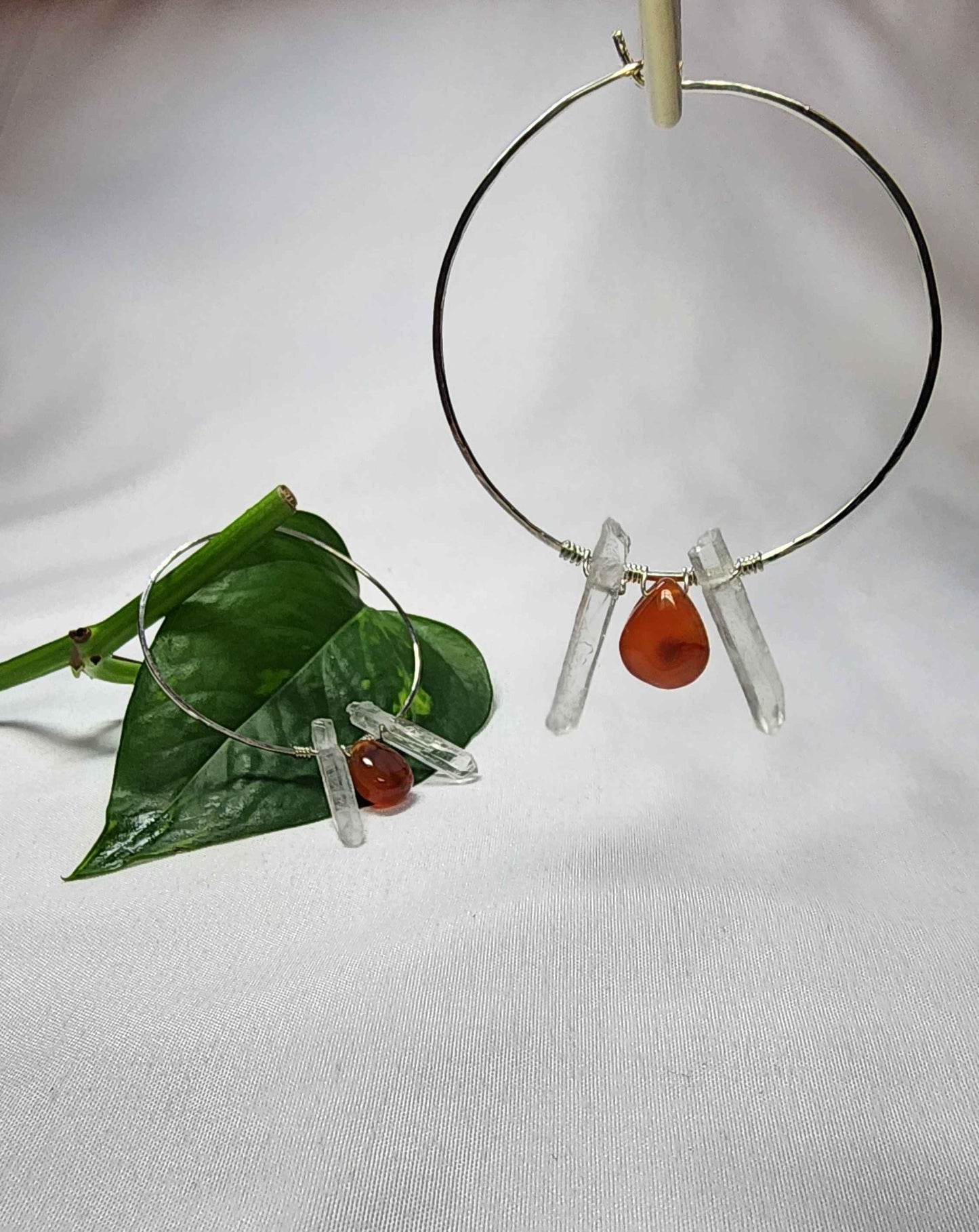 Carnelian + Quartz Sterling Silver Hoops