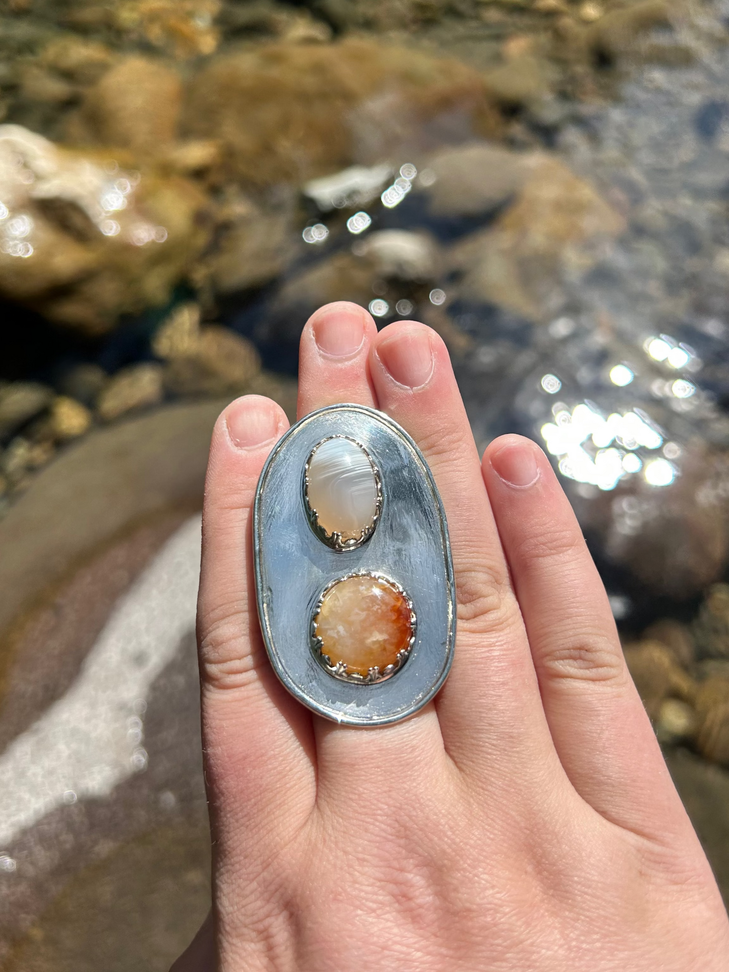 Banded White Agate + Carnelian Statement Ring