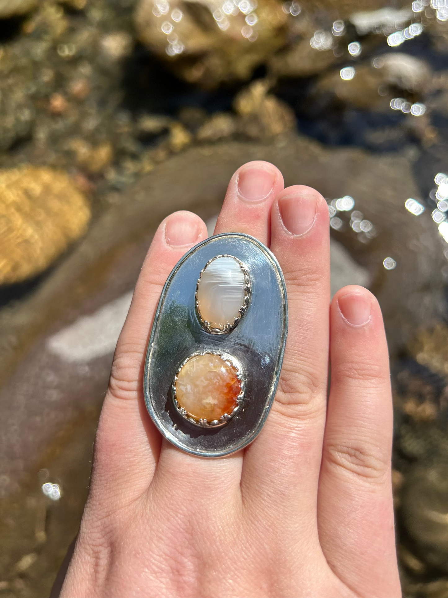 Banded White Agate + Carnelian Statement Ring